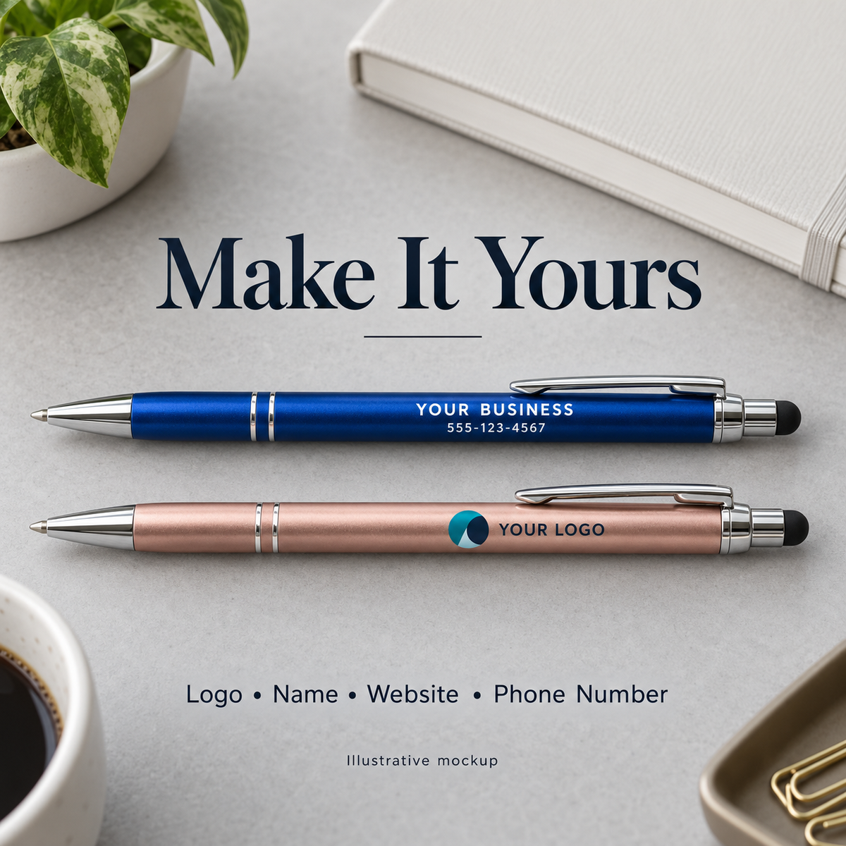 Example business lettering and full-color logo on personalized stylus pens — illustrative mockup