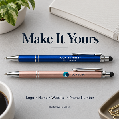 Example business lettering and full-color logo on personalized stylus pens — illustrative mockup