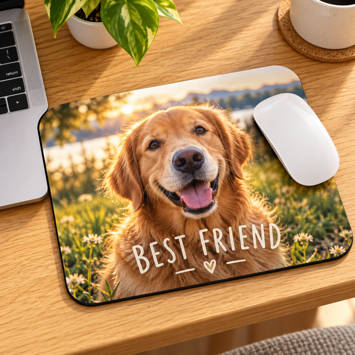 Example personalized photo mouse pad featuring a golden retriever on a home office desk
