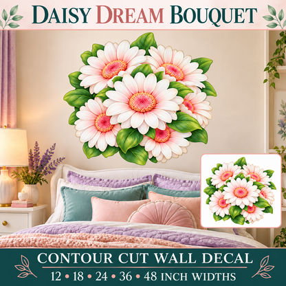 Daisy Dream Bouquet – Girls Room Wall Decal summary and bedroom mockup – 12 to 48 inch widths