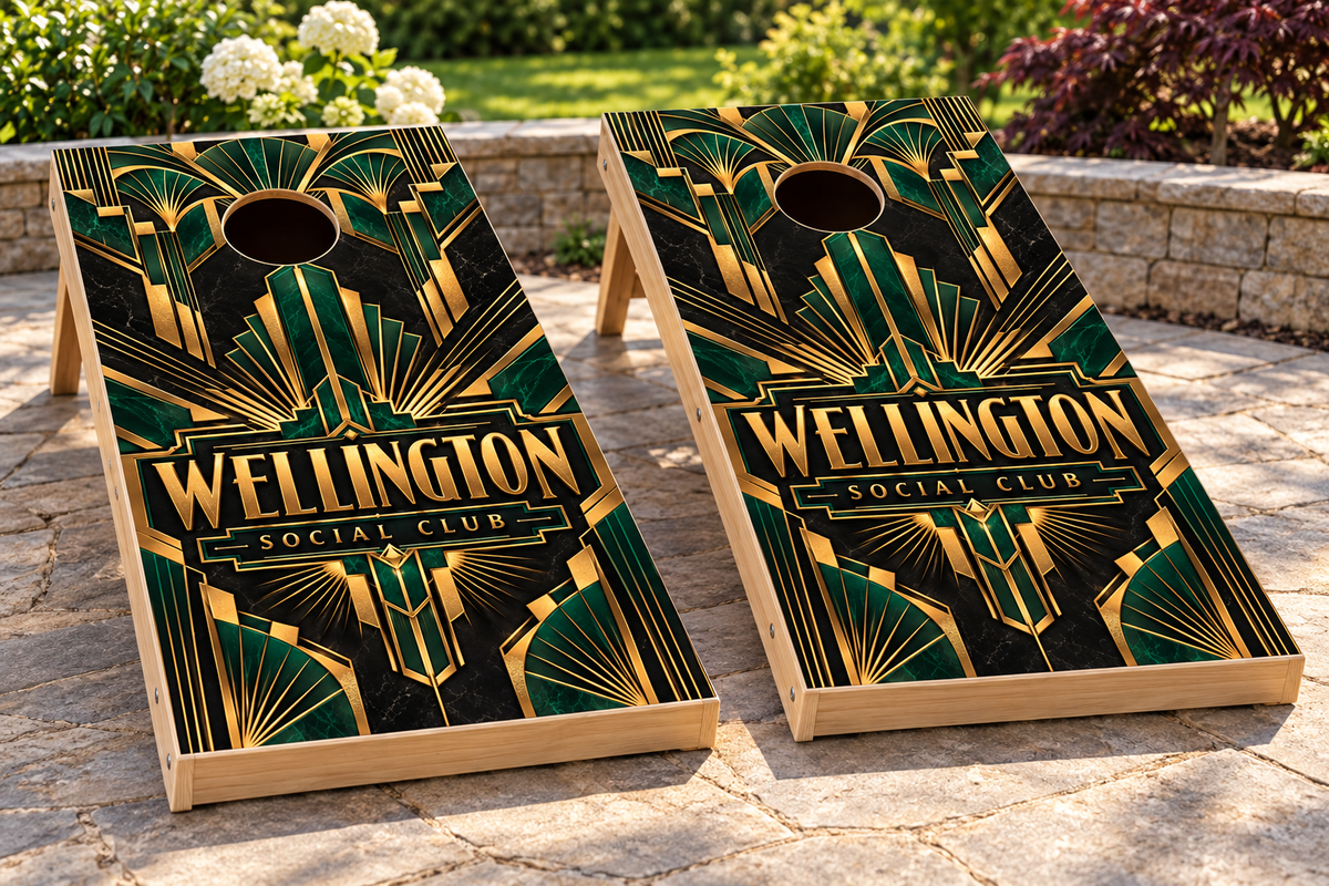 Gilded Deco matching personalized cornhole boards lifestyle mockup; boards not included
