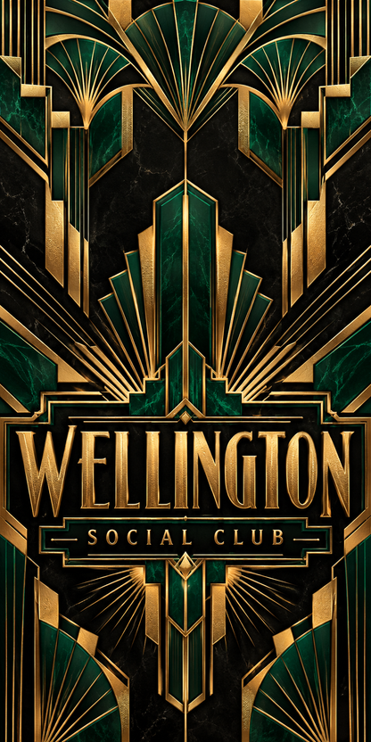 Gilded Deco personalized flat cornhole wrap artwork; example name WELLINGTON