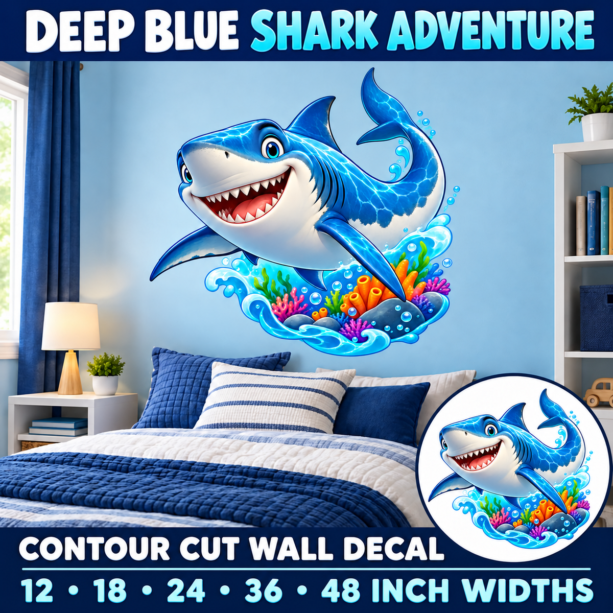 Deep Blue Shark Adventure – Boys Room Wall Decal summary and bedroom mockup – 12 to 48 inch widths