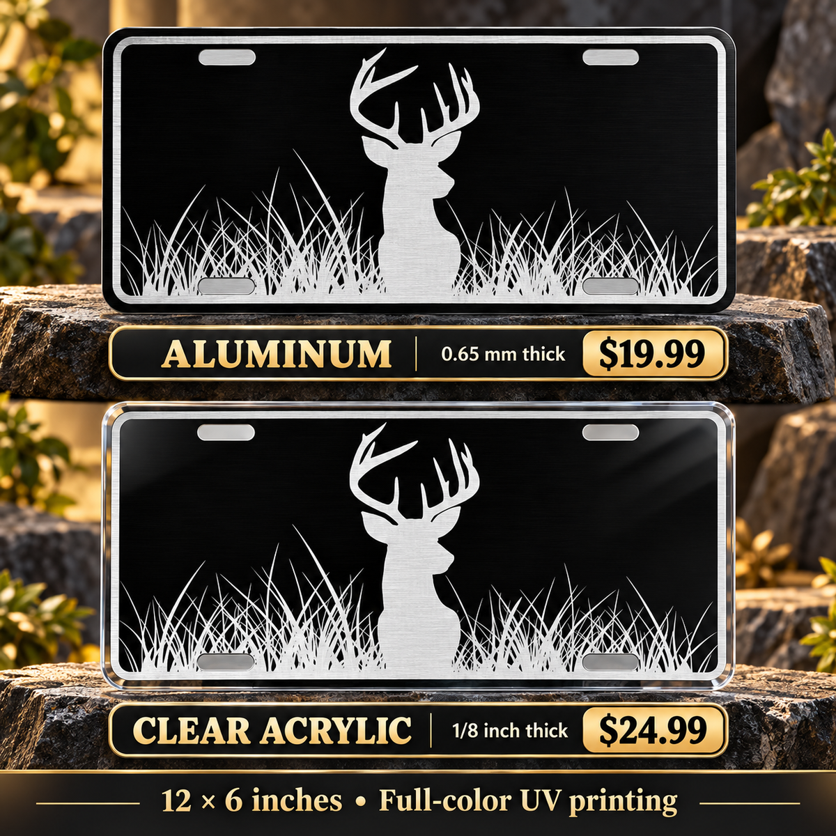 Deer Black Brushed Chrome Hunter License Plate Car Tag — aluminum $19.99 and ⅛-inch clear acrylic $24.99 material comparison