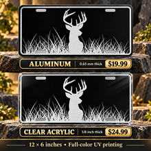 Deer Black Brushed Chrome Hunter License Plate Car Tag — aluminum $19.99 and ⅛-inch clear acrylic $24.99 material comparison