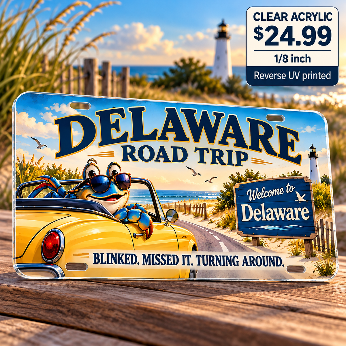 Delaware Blinked and Missed It funny license plate — ⅛-inch reverse UV printed acrylic with opaque artwork