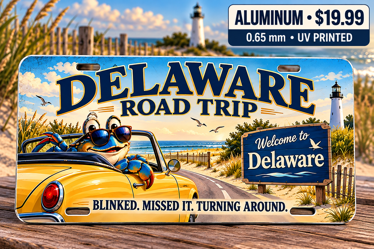 Delaware Blinked and Missed It funny license plate — 0.65 mm UV printed aluminum