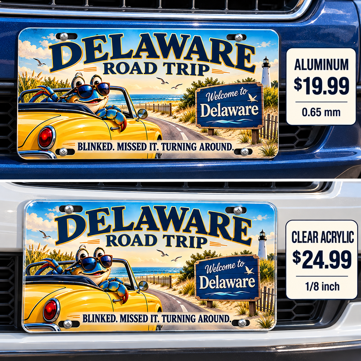 Delaware Blinked and Missed It funny license plate — aluminum and acrylic vehicle mockups