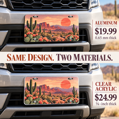 Desert Bloom cactus sunset license plate — vehicle-mounted aluminum and acrylic comparison