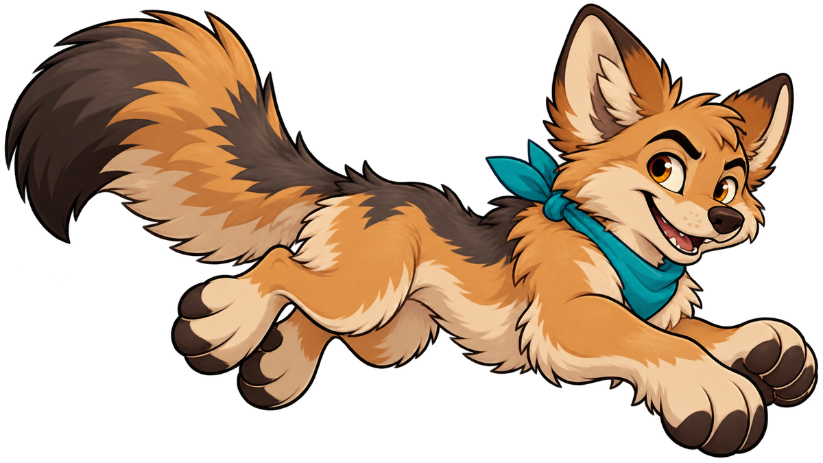 Desert Dash cartoon coyote bounding forward with fluffy tail and teal bandana, transparent decal artwork