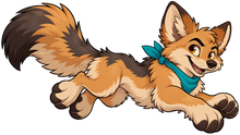 Desert Dash cartoon coyote bounding forward with fluffy tail and teal bandana, transparent decal artwork