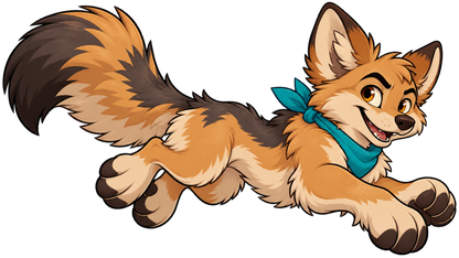 Desert Dash cartoon coyote bounding forward with fluffy tail and teal bandana, transparent decal artwork