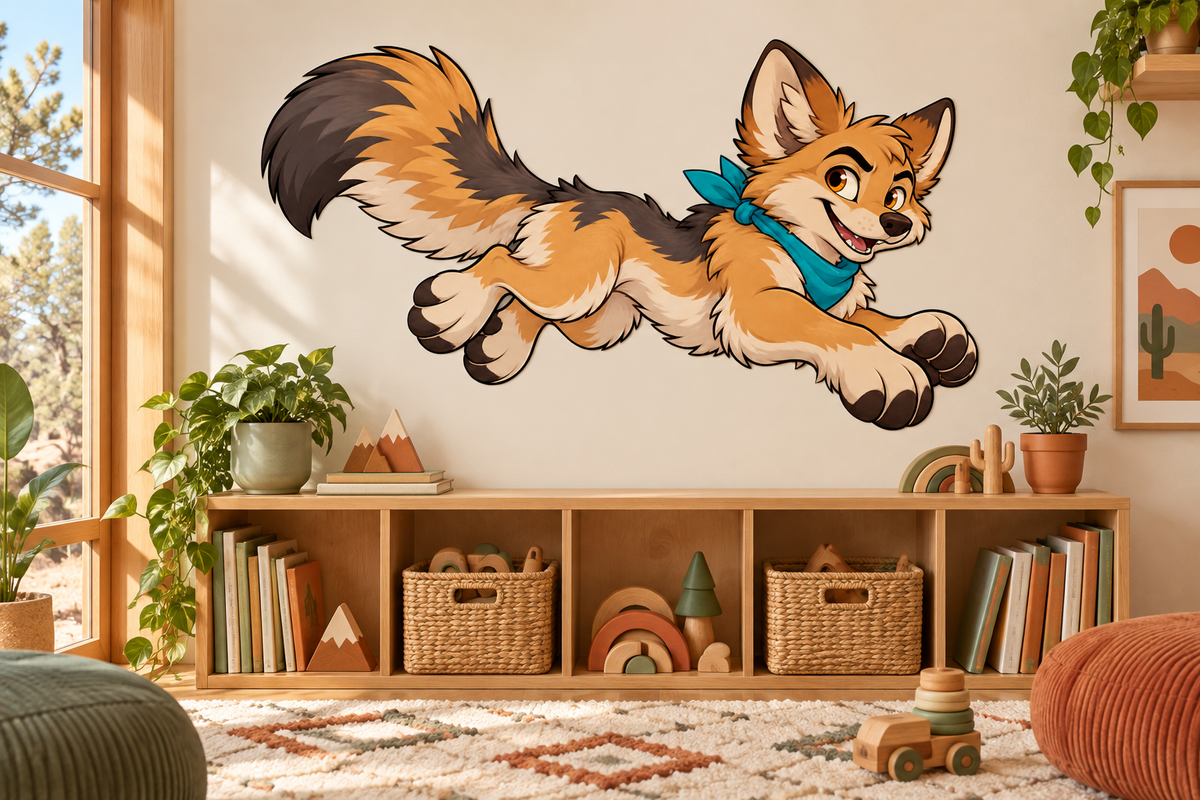 Desert Dash coyote wall decal in desert themed playroom, illustrative size