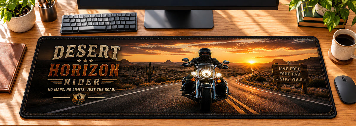 Desert Horizon Rider Desk Mat in use on a warm wood office desk — overhead workspace view