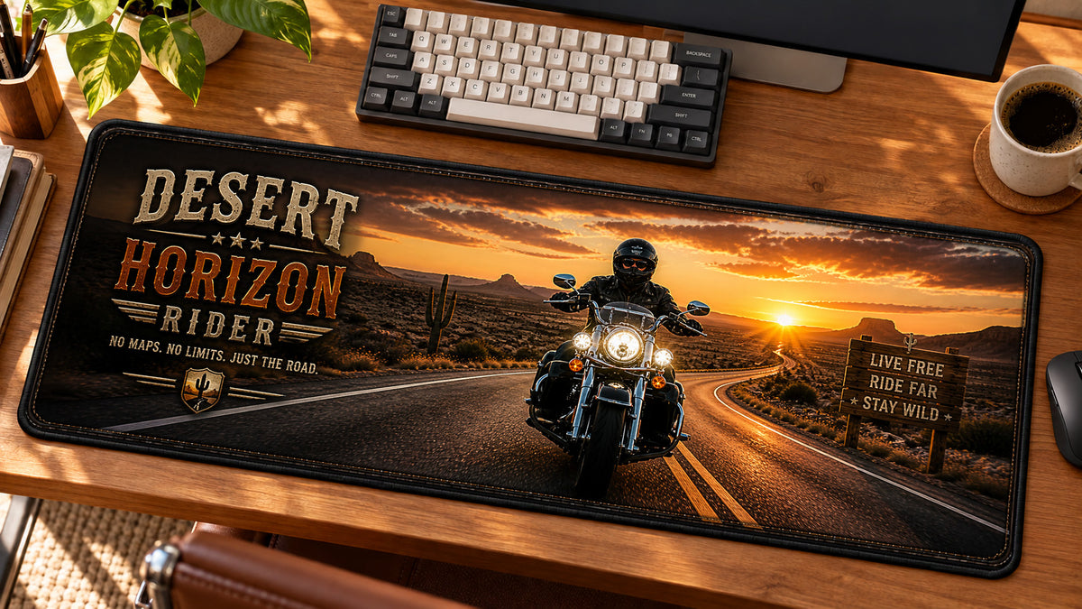 Desert Horizon Rider Desk Mat in use on a warm wood office desk — angled workspace view