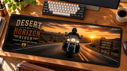 Desert Horizon Rider Desk Mat in use on a warm wood office desk — angled workspace view