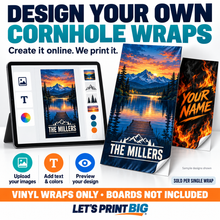 Design your own cornhole vinyl wrap online with uploaded images, custom text and colors. Sold per single wrap; boards not included.