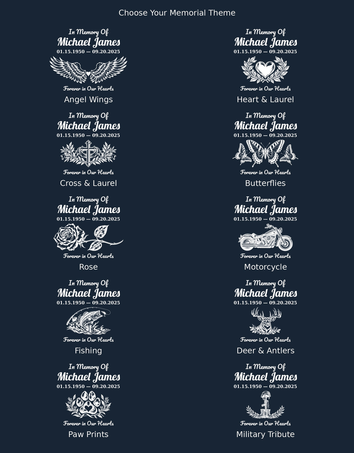 Ten detailed personalized memorial decal theme examples