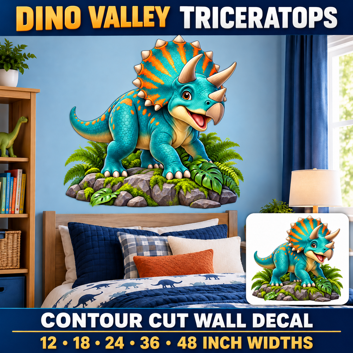 Dino Valley Triceratops – Boys Room Wall Decal summary and bedroom mockup – 12 to 48 inch widths