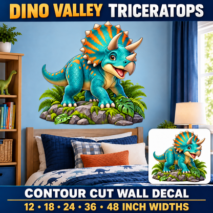 Dino Valley Triceratops – Boys Room Wall Decal summary and bedroom mockup – 12 to 48 inch widths