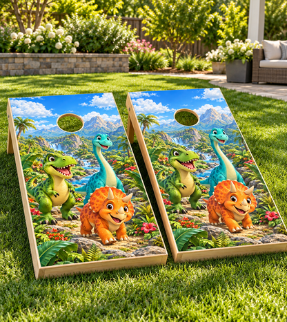 Dinosaur Adventure Kids cornhole wrap installed board mockup; boards not included