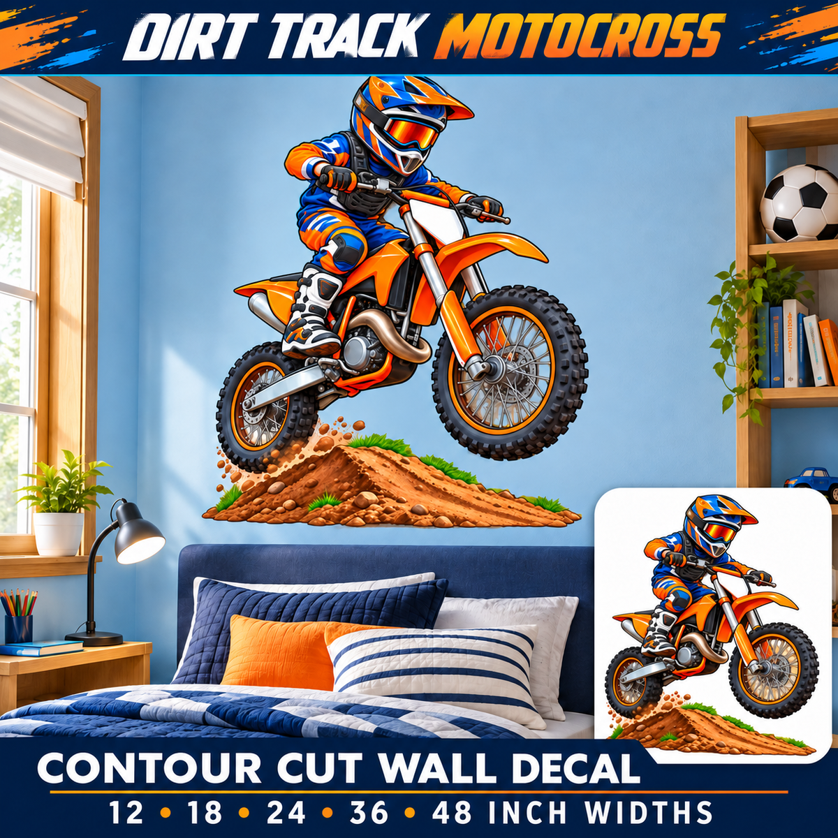 Dirt Track Motocross – Boys Room Wall Decal summary and bedroom mockup – 12 to 48 inch widths