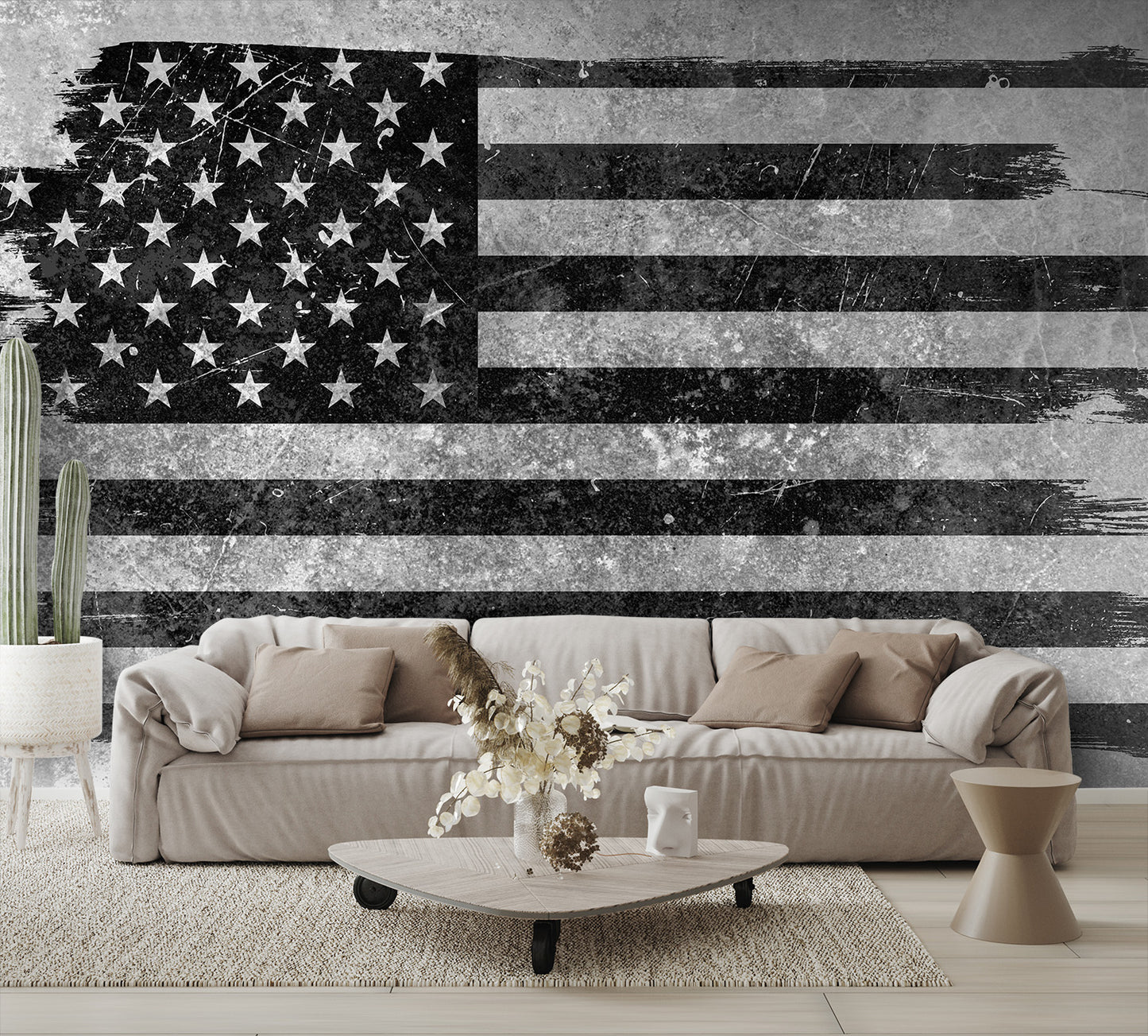 Distressed Black and Gray American Flag Wallpaper Mural living room