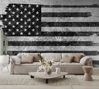 Distressed Black and Gray American Flag Wallpaper Mural living room