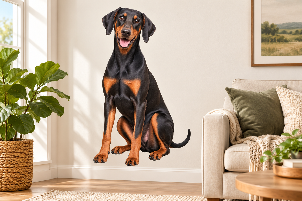 Doberman Pinscher contour cut dog decal on a living room wall