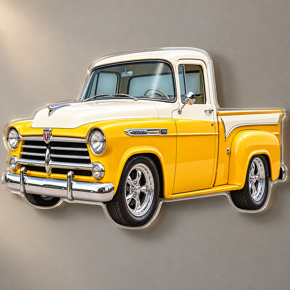 1950s Dodge D100 Sunburst Yellow and White acrylic sign angle mockup