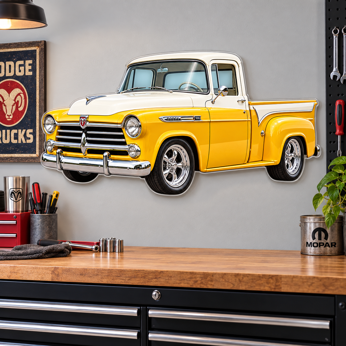 1950s Dodge D100 Sunburst Yellow and White acrylic sign garage mockup