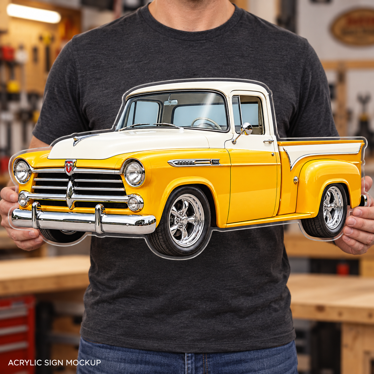 1950s Dodge D100 Sunburst Yellow and White acrylic sign held mockup
