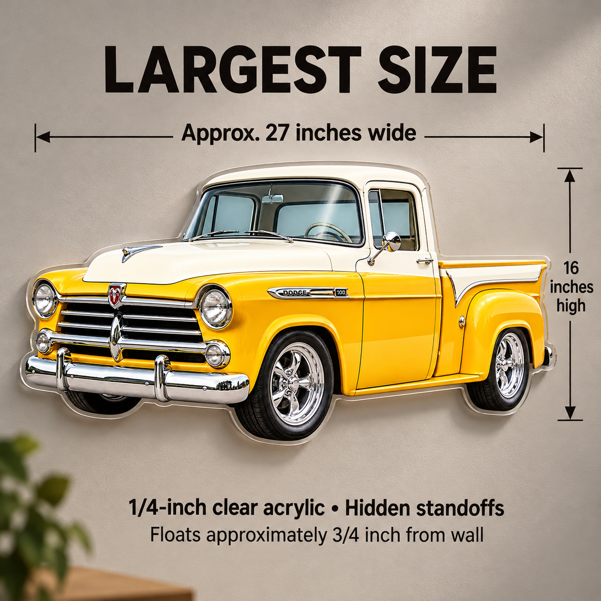 1950s Dodge D100 Yellow and White acrylic sign dimensions