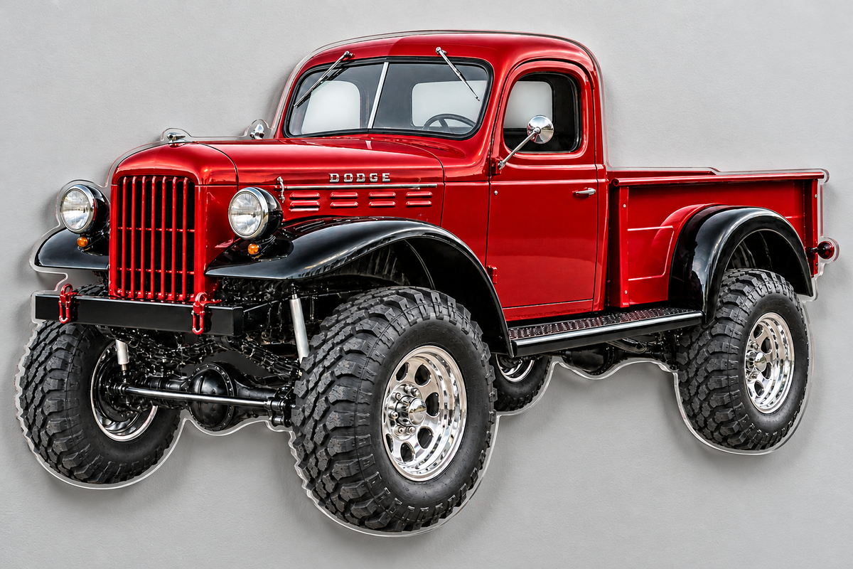 1951 Dodge Power Wagon Deep Red and Black clear contour-cut acrylic sign angled wall view with hidden standoffs