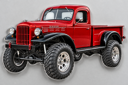1951 Dodge Power Wagon Deep Red and Black clear contour-cut acrylic sign angled wall view with hidden standoffs