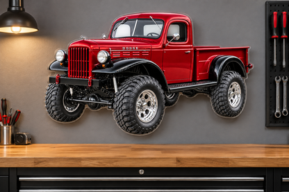 1951 Dodge Power Wagon Deep Red and Black contour-cut acrylic sign mounted over garage workbench with hidden standoffs
