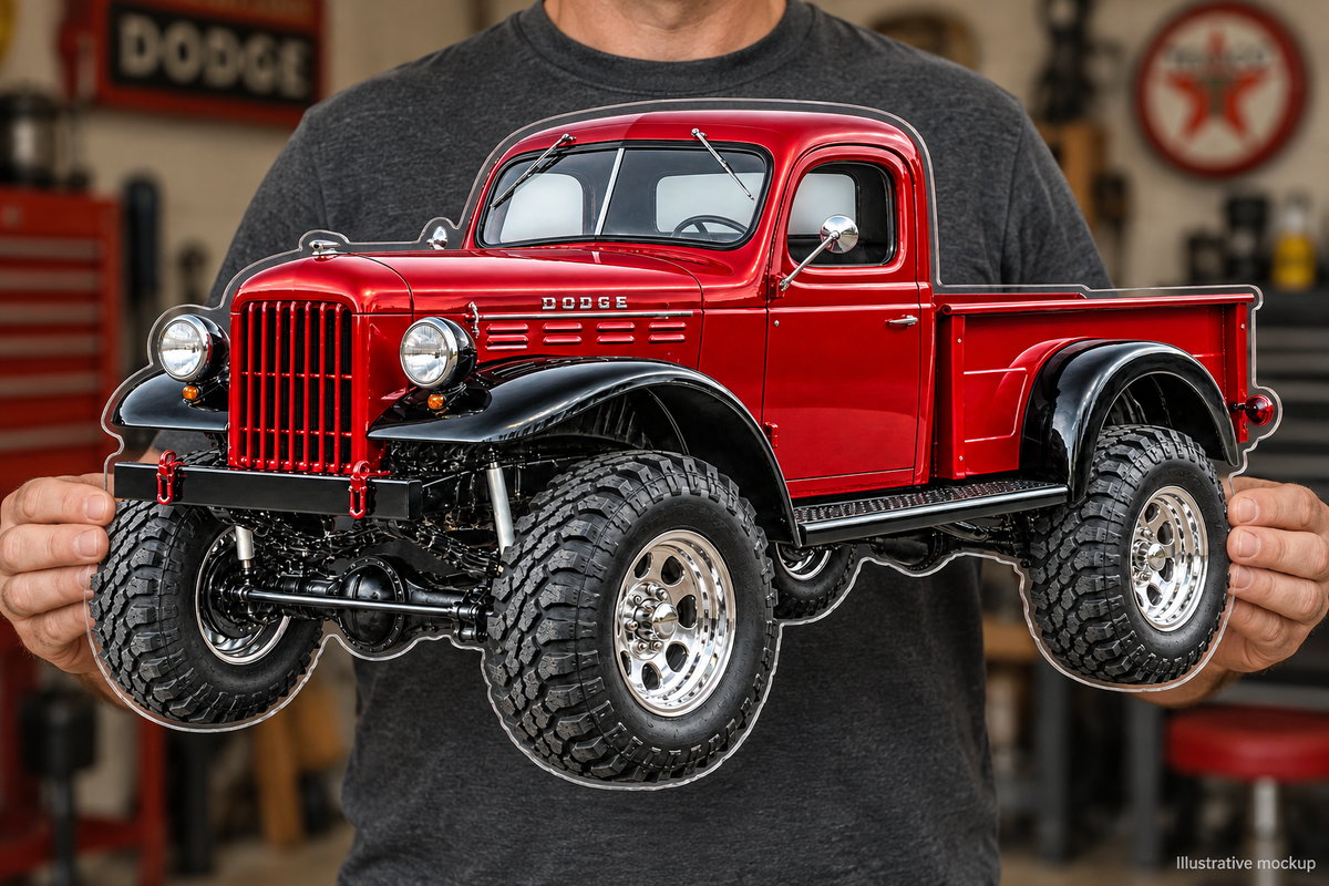 1951 Dodge Power Wagon Deep Red and Black contour-cut acrylic sign held in hands, illustrative mockup