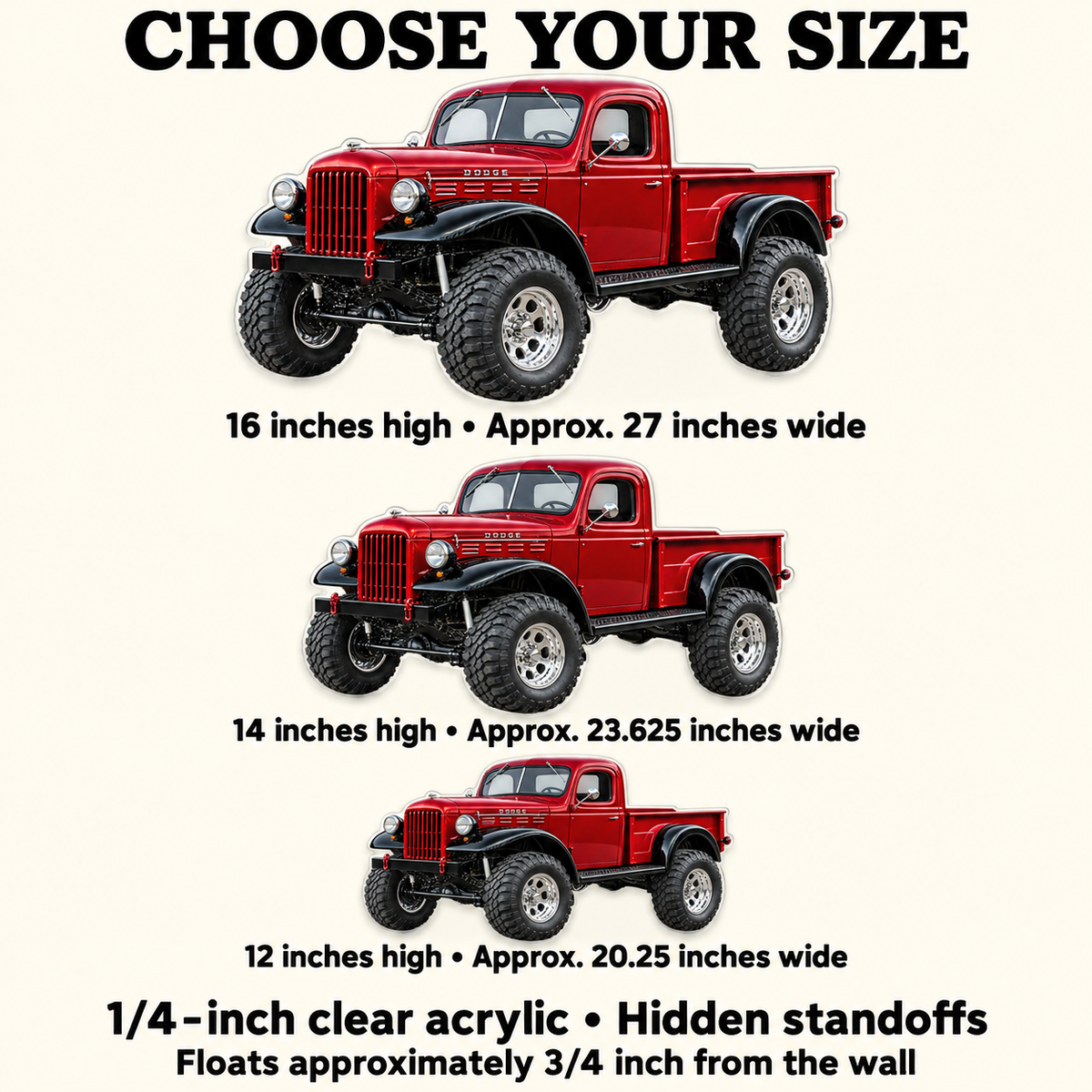 1951 Dodge Power Wagon acrylic sign size guide for 12, 14 and 16 inch heights