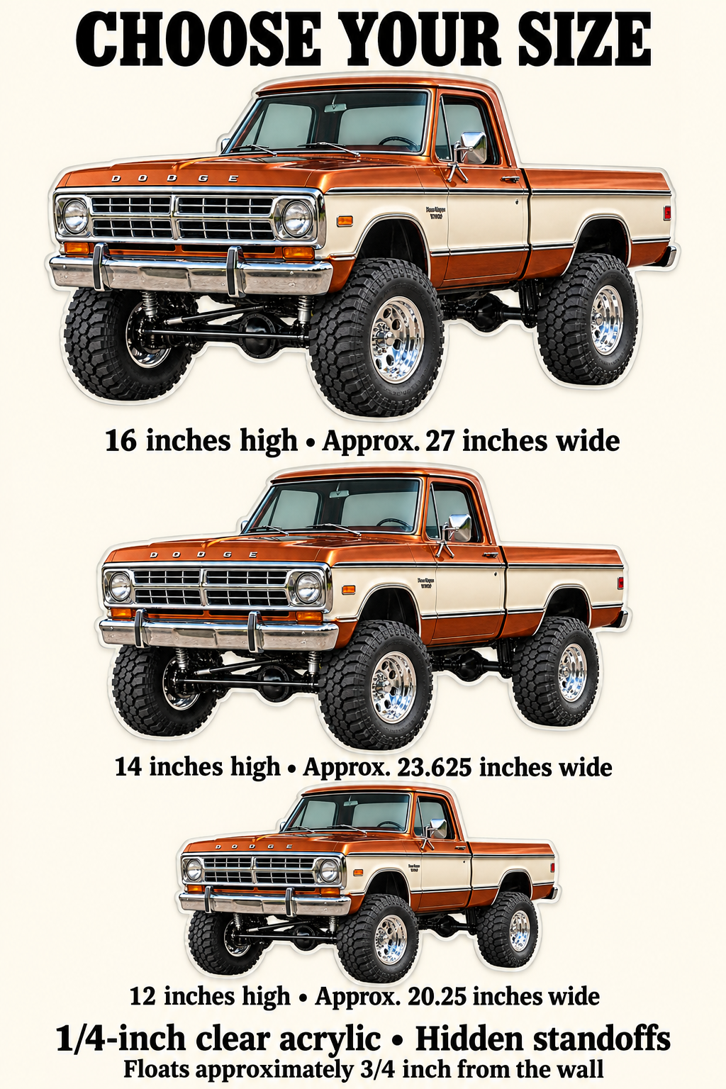 1968 Dodge W100 Copper and Cream acrylic truck sign sizes mockup