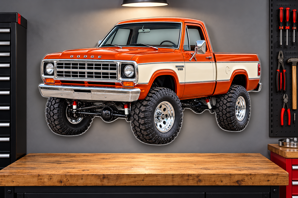 1977 Dodge W150 Burnt Orange and Cream acrylic sign garage mockup