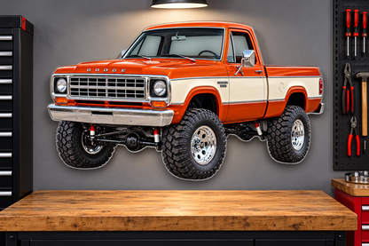 1977 Dodge W150 Burnt Orange and Cream acrylic sign garage mockup