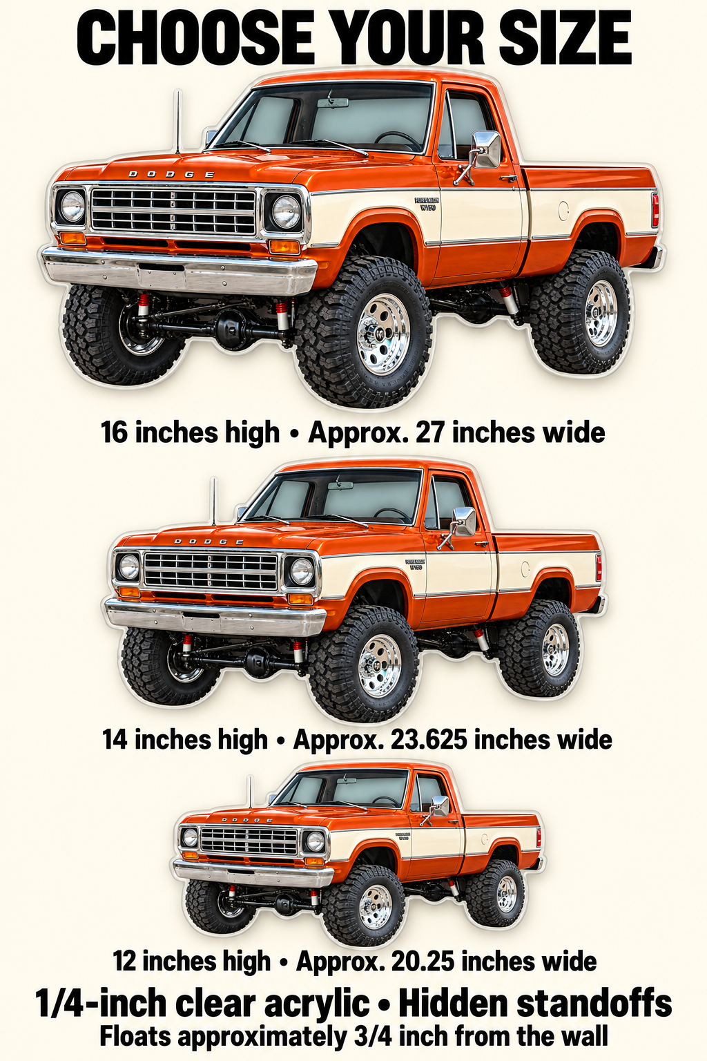 1977 Dodge W150 Burnt Orange and Cream acrylic sign sizes mockup