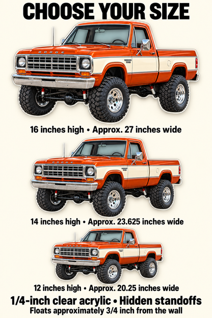 1977 Dodge W150 Burnt Orange and Cream acrylic sign sizes mockup
