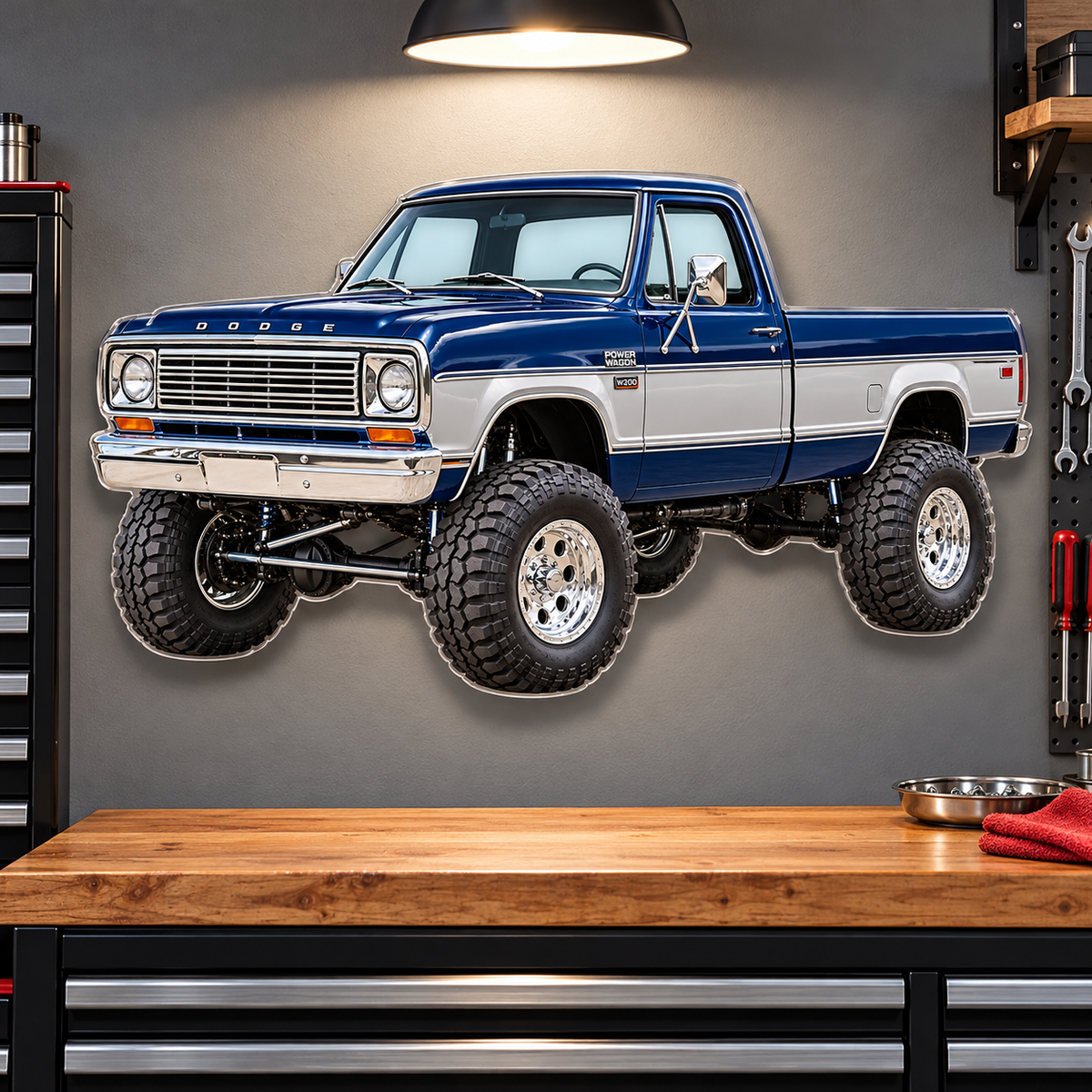 1978 Dodge W200 acrylic truck sign over garage workbench on hidden standoffs