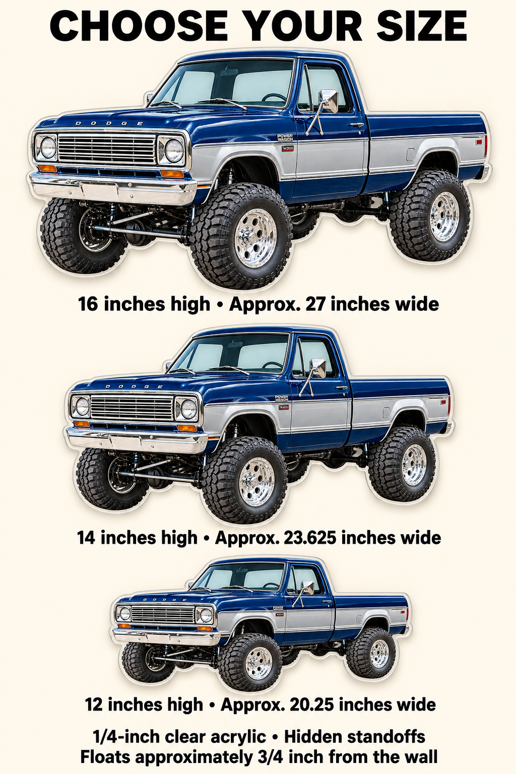 1978 Dodge W200 acrylic size guide for 12, 14 and 16 inch heights