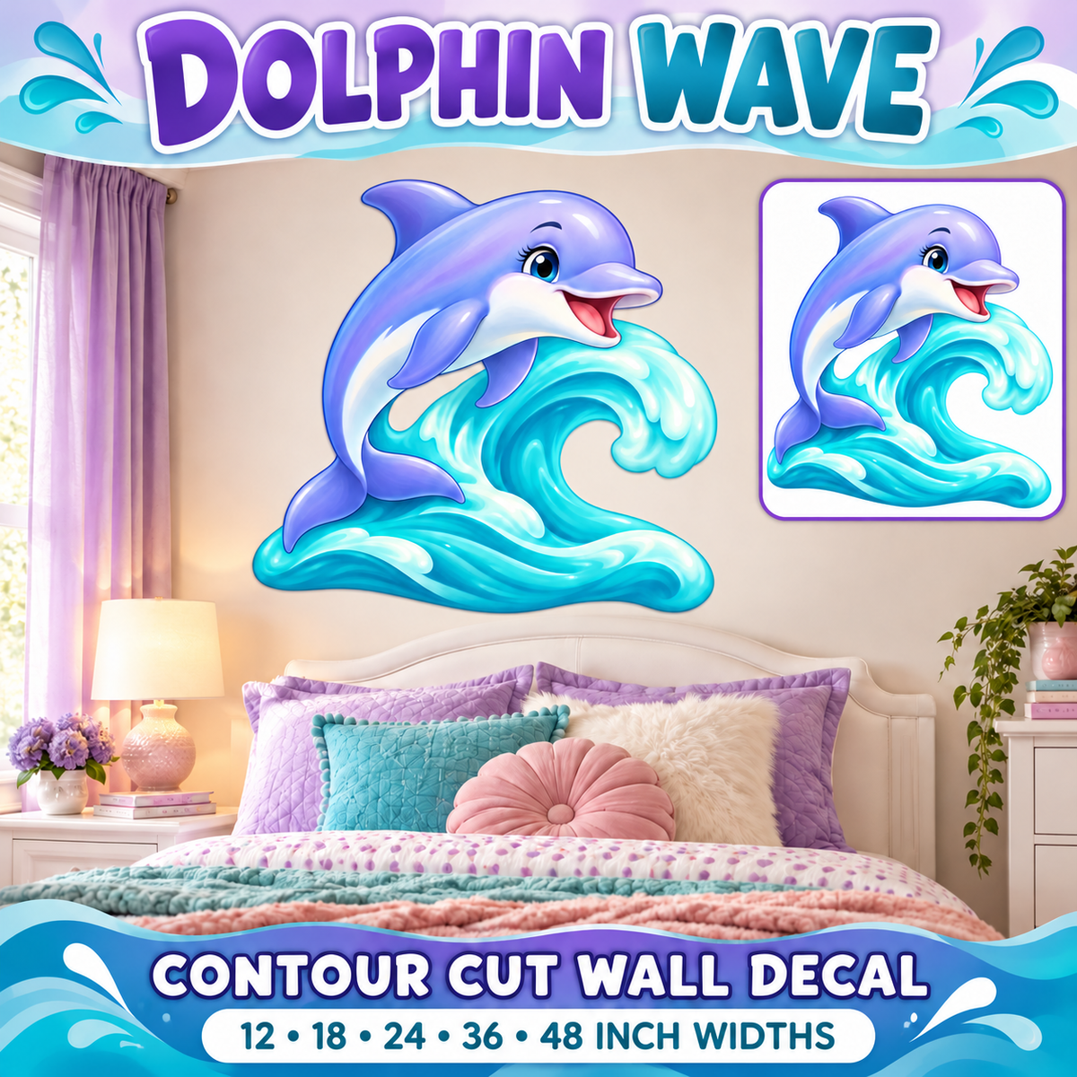 Dolphin Wave – Girls Room Wall Decal summary and bedroom mockup – 12 to 48 inch widths