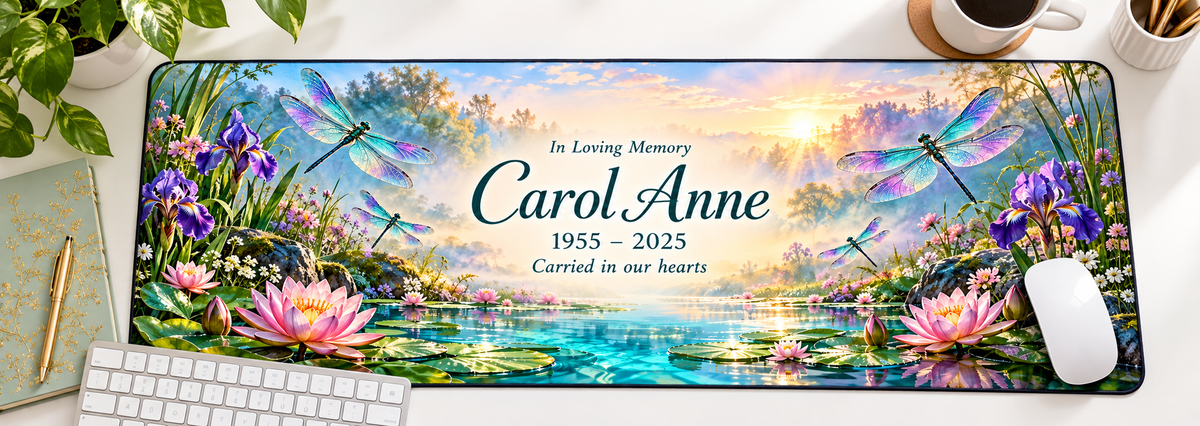 Dragonfly Meadow of Memories memorial desk mat — overhead workspace mockup