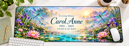 Dragonfly Meadow of Memories memorial desk mat — overhead workspace mockup