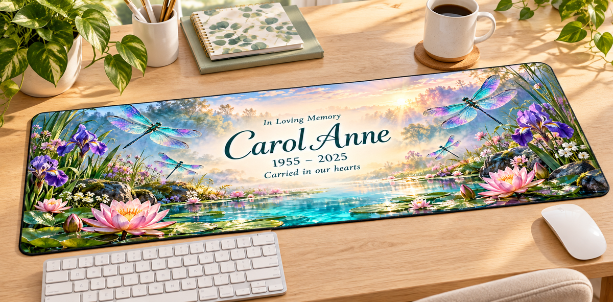 Dragonfly Meadow of Memories memorial desk mat — angled workspace mockup