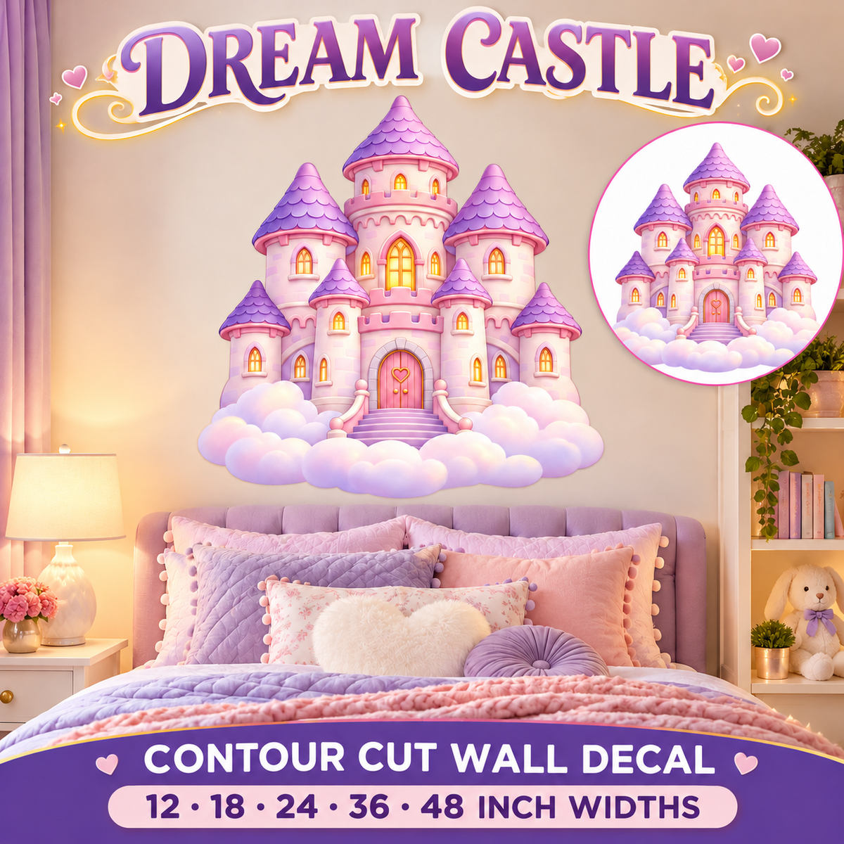 Dream Castle – Girls Room Wall Decal summary and bedroom mockup – 12 to 48 inch widths